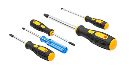 A set of five screwdrivers with black and yellow handles on transparent background