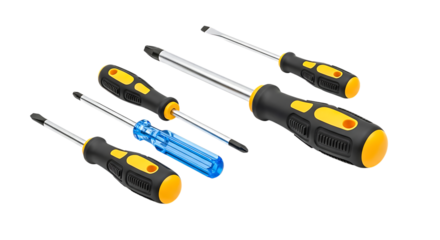 A set of five screwdrivers with black and yellow handles on transparent background