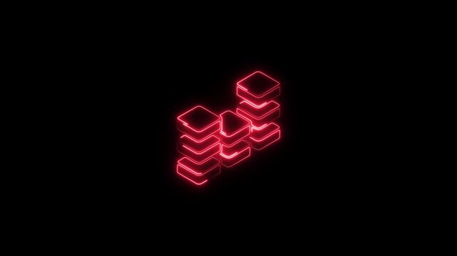 Red Neon Isometric Block Stacks Animation for Data Infrastructure and Financial Coin Visualization