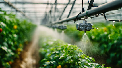 Close-up of a misting system in a greenhouse helps maintain humidity for growing lettuce in a modern agricultural environment