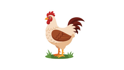 Vibrant cheerful cartoon rooster proudly stands on green grass showcasing distinctive red comb and brown feathers on pure white background excellent