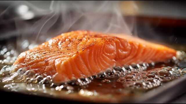 Cooking salmon fillet on stovetop, kitchen environment, culinary context, recipe demonstration, warm lighting, steam rising, bubbles forming