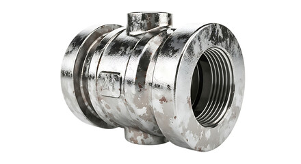 Galvanized steel pipe fitting with threaded end and ridged body isolated on transparent background