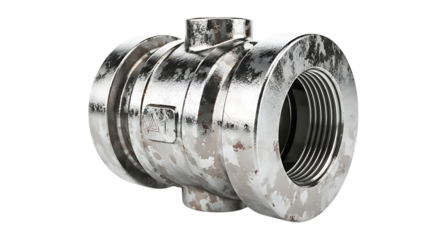 Galvanized steel pipe fitting with threaded end and ridged body isolated on transparent background