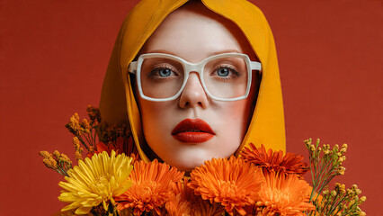 Portrait de femme portant des lunettes et une capuche et tenant un bouquet de fleurs