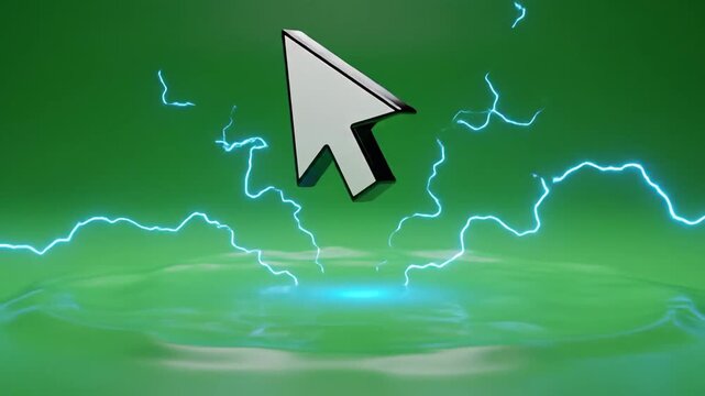 3D rendering of a computer cursor arrow on a green background, technology concept.