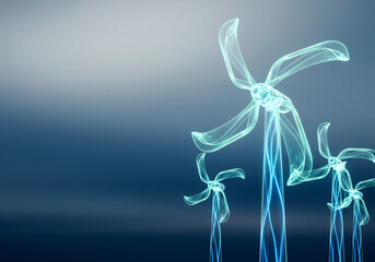 Transparent wind turbines formed from flowing light ribbons in an abstract sky, symbolizing wind energy, clean power, and sustainable future.