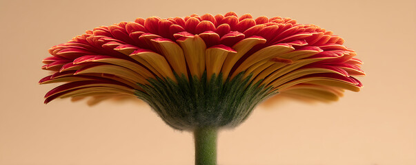 Vibrant red and yellow gerbera daisy from a unique low-angle, showcasing its intricate layered petals