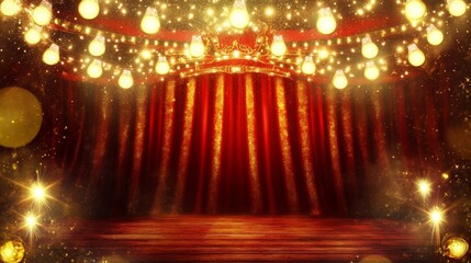 Circus stage background with golden lights and red curtains ready for a performance in a lively entertainment space