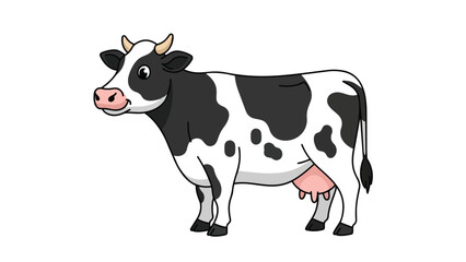 Fototapeta premium A charming illustrative cartoon portrayal of a cheerful dairy cow featuring distinctive black and white spots, delicate horns, and a healthy pink