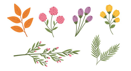 Fototapeta premium Selection of various flowers and leaf branches in different colors and shapes in a delicate hand-drawn illustration style.