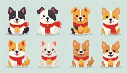 Flat illustration of assorted Chinese Zodiac dog icons arranged neatly in two rows on a simple plain background.