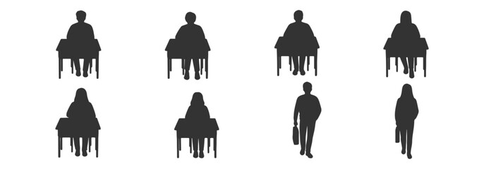 Architectural Vector People for Elevations: Front View Students Sitting and Standing for Section Drawings in Minimal Silhouette Style