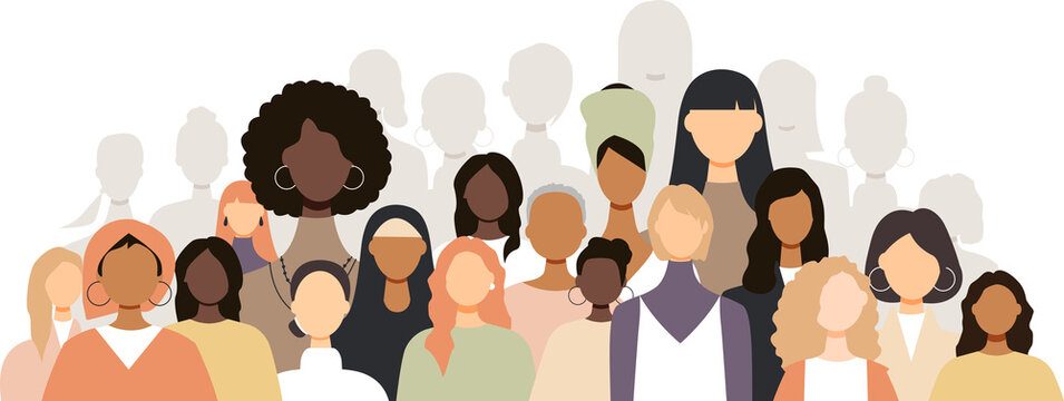 Different women standing together. Modern colourful design.