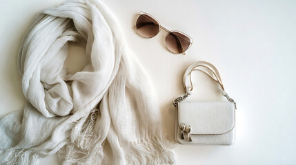 This chic flat lay features a soft scarf, stylish sunglasses, and a small handbag, sparking creativity and fashion inspiration with its elegant simplicity