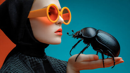 Portrait de femme avec un scarab&eacute;e noir g&eacute;ant dans la main