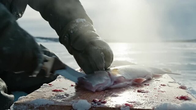 Fish being cut on a wooden board outdoors by a person.