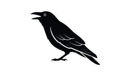 Obraz premium Bold graphic depiction of a cawing black bird, capturing its essence in a stark silhouette with a solitary eye against a pure white canvas perfect