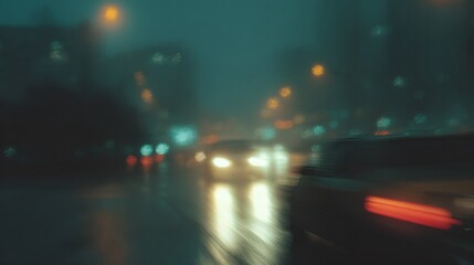 Fototapeta premium Blurry image of a car driving down a wet road