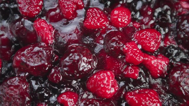 Fruits simmering in syrup, Vibrant red and burgundy berries cooking in sticky liquid, Closeup of simmering raspberries and dark fruits in shiny syrup with seed details