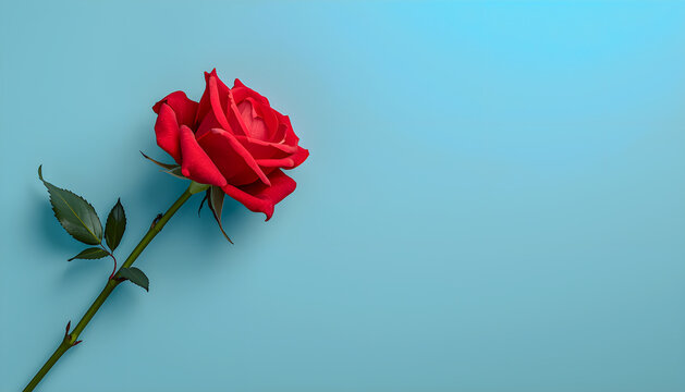 Single Red Rose with Stem on Blue Pastel Background for Valentine&rsquo;s Day