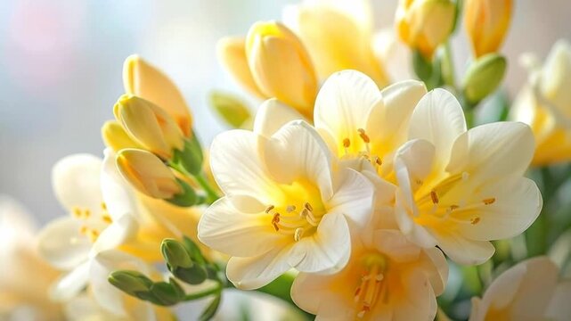 Close-up of delicate white and yellow freesia flowers, showcasing their intricate details and soft petals.