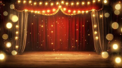 Bright circus stage with large marquee lights and glitter in a lively venue on a vibrant evening