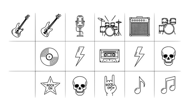 Rock n roll line icons vector set with editable stroke for music branding and app design