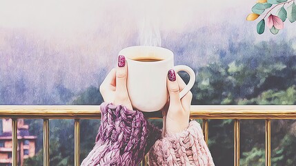 Stock photo of Morning coffee cup on balcony railing, confident business woman, concept of Lifestyle during Int