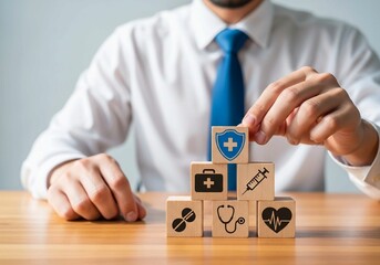 Health insurance concept with businessman stacking wooden blocks with medical icons.