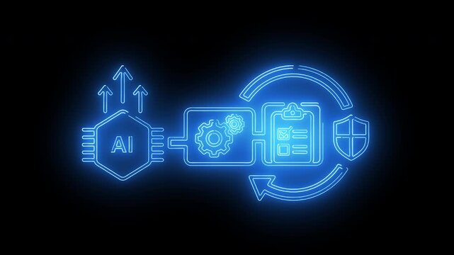 Neon blue glowing flowchart illustrating AI machine learning process with icons on black background