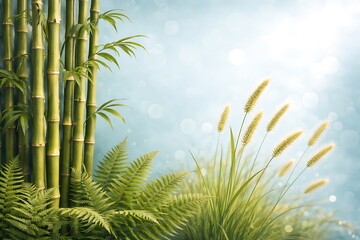 Teal Dream: Bamboo Stalks and Fern-Like Leaves Seed Head in Bokehl.