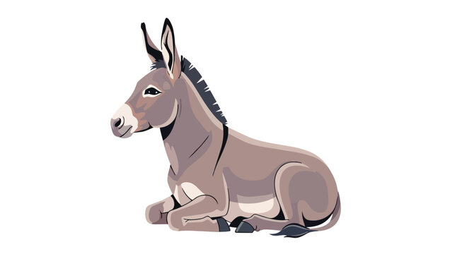 Charming flat vector illustration of a relaxed domestic donkey calmly resting on the ground with a serene expression depicting peaceful farm animal