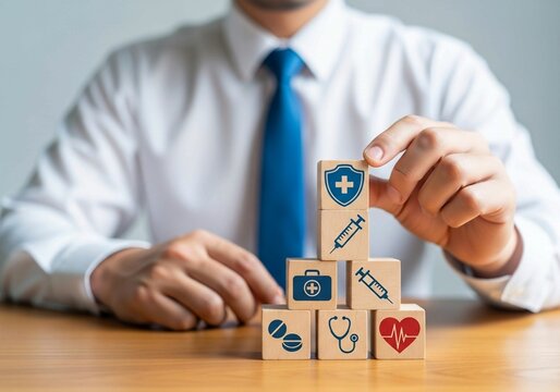 Health insurance concept with businessman stacking wooden blocks with medical icons. - Powered by Adobe