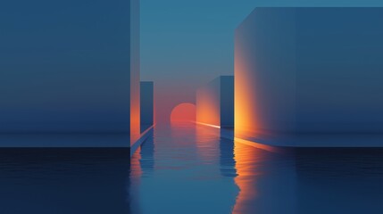 Neon depth composition shows shapes and reflections of light on water at sunset