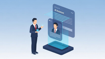 Fototapeta premium A businessman interacts with a futuristic AI assistant on a smartphone screen
