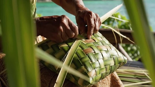 Person weaving traditional basket from green leaves outdoors.