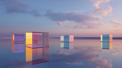 Cubes on a reflective surface during sunset with clouds in the sky and calm water