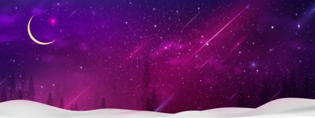 Fotobehang Violet Islamic night,Crescent moon,Starry on dark blue,purple sky over snowy forest winter landscape for Ramadan Kareem,Eid al fitr greeting card,Eid Mubarak greetings,Vector Islamic holy month event banner  © Anchalee