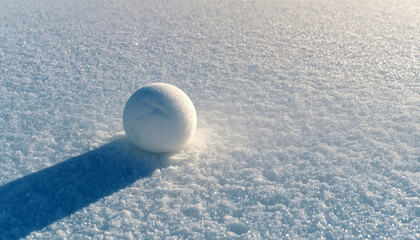 A single, perfectly round snowball resting on smooth, untouched blanket of snow