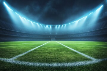 Digital football stadium at night with blue spotlights shining on an empty green field for sports broadcasting and advertising projects