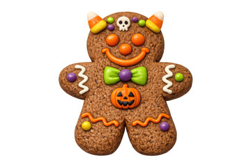 Halloween gingerbread man cookie decorated with colorful icing and candy corn, skull, bow tie, and pumpkin details, transparent background