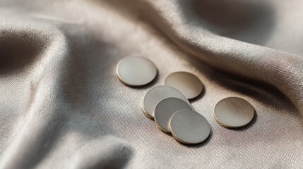 Tokens placed on soft fabric background in a close-up view during daylight hours
