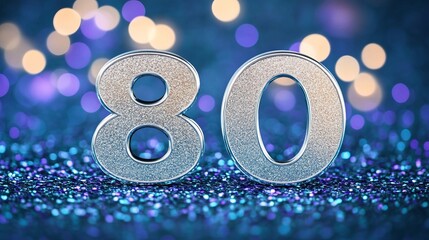 Elegant Celebration of 80th Birthday with Sparkling Decorations, Bokeh Lights, and Shiny Accents