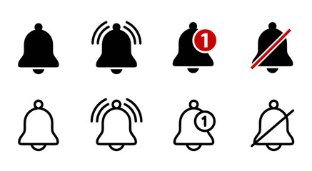 UntitledBell notification icon set. Alarm bell icon set for notification and reminder. Alarm symbol. Reminder icon of ringing bells, sign for incoming inbox messages.