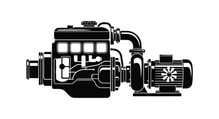 a detailed black and white illustration showcasing an industrial pump and engine system presented as a striking silhouette high quality professional © mrvect02