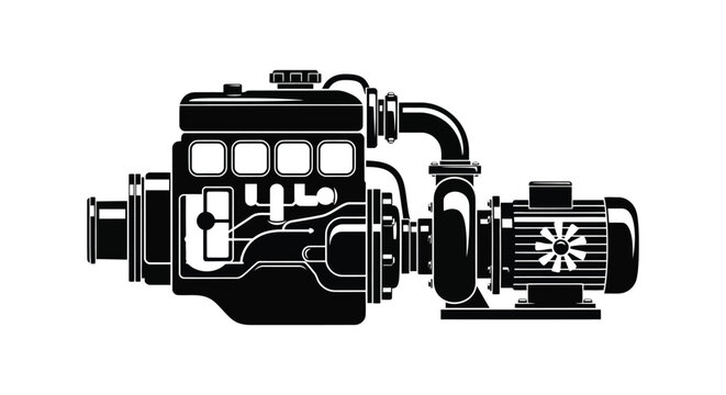 a detailed black and white illustration showcasing an industrial pump and engine system presented as a striking silhouette high quality professional