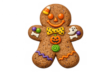 Gingerbread man cookie decorated with halloween elements, creating a festive autumn treat on a transparent background