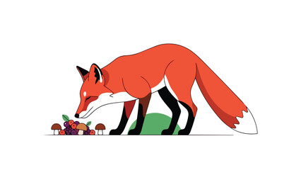 Stylized illustration of an inquisitive red fox discovering a colorful heap of wild berries and forest mushrooms. A vivid portrayal of natural