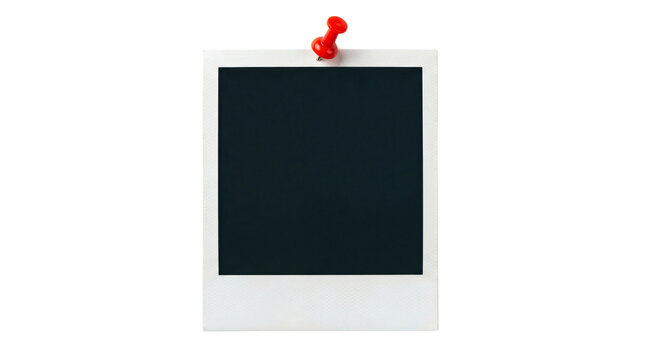 Blank white polaroid instant photo frame pinned with a red pushpin thumbtack. Isolated on transparent background, png